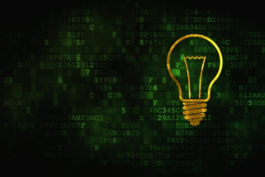 Business concept: pixelated Light Bulb icon on digital background, empty copyspace for card, text, advertising, 3d render