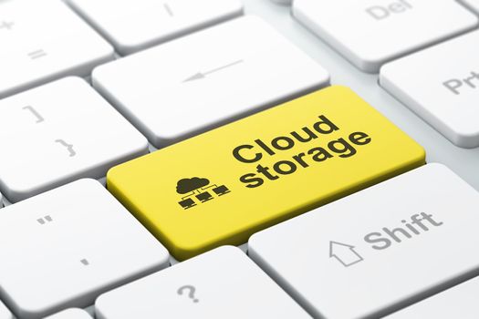Networking concept: computer keyboard with Cloud Network icon and word Cloud Storage, selected focus on enter button, 3d render