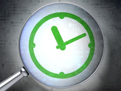 Magnifying optical glass with Clock icon on digital background, 3d render