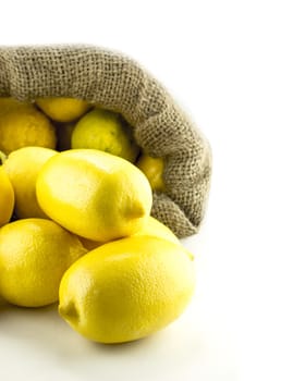 yellow ripe lemon out of Sackcloth bag over the orange background