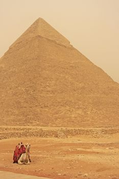 Camel resting near Pyramid of Khafre during sand storm, Cairo, Egypt