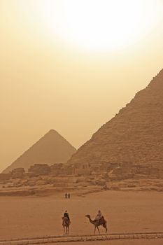 Giza Plateau in a sand storm, Cairo, Egypt