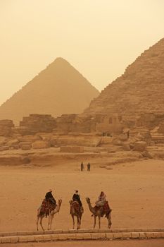 Giza Plateau in a sand storm, Cairo, Egypt