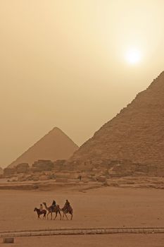 Giza Plateau in a sand storm, Cairo, Egypt