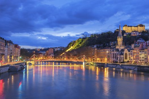Famous view of Lyon with Saone river at night