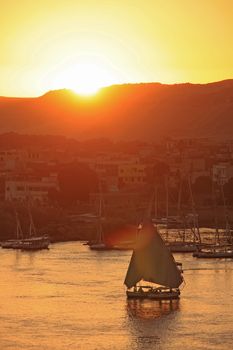 Felucca boats sailing on the Nile river at sunset, Aswan, Egypt