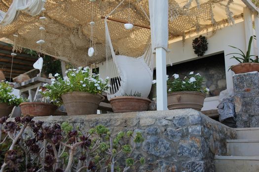 summer terrace with ceramic pots surrounded by tropical plants