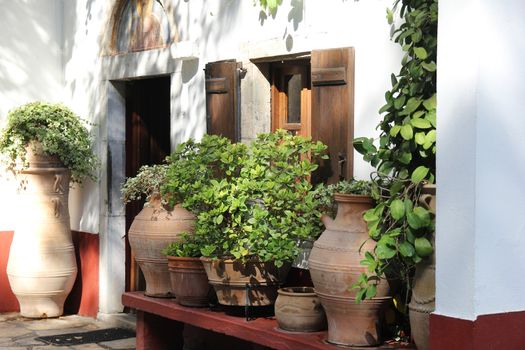  monastery chapel surrounded by plants in clay pots
