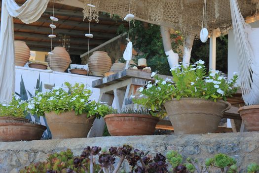 summer terrace with ceramic pots surrounded by tropical plants