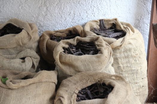 Dried locust beans in large bags in the pantry