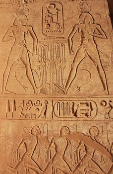 Ancient hieroglyphics on the wall of Great temple of Abu Simbel, Nubia, Egypt