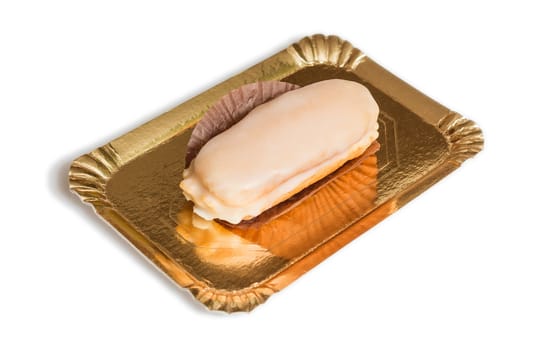 Delicious traditional asturian almond cake with sugar frosting and known as "carbayon", isolated on white background