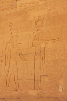 Ancient hieroglyphics on the wall of Philae Temple, Lake Nasser, Egypt