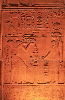 Ancient hieroglyphics on the wall of Philae Temple, Lake Nasser, Egypt