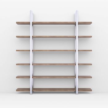 Wooden shelves with metal stands. 3d rendering on white background