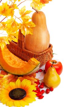 Autum harvest fruits and vegetables in basket with yellow leaves isolated on white