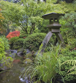 Japanese Stone Lantern in Garden with Rocks Trees Plants and Shrubs by Water Stream during Fall Season