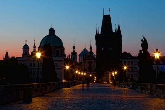 Sunrise on Charles bridge in Prague, the Czech Republic