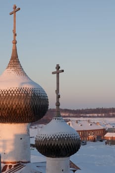Solovki monastery. Winter. View of the settlement from a belltower