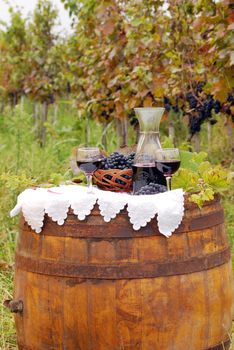 red wine and grape on barrel