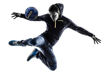 one caucasian young man soccer freestyler player  in silhouette  on white background