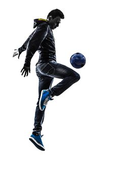 one caucasian young man soccer freestyler player  in silhouette  on white background