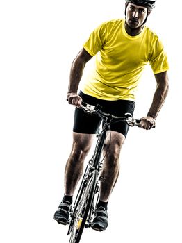 one caucasian man exercising bicycle mountain bike   on white background