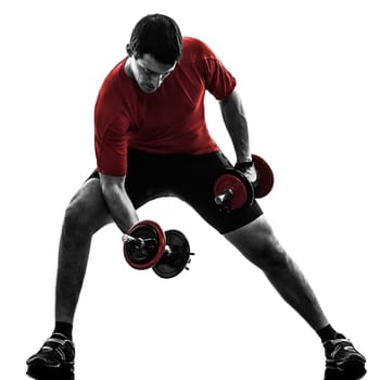 one caucasian man exercising weight training   on white background