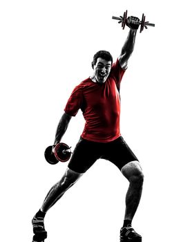 one caucasian man exercising weight training   on white background
