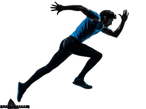one caucasian man  running sprinting jogging in silhouette studio isolated on white background