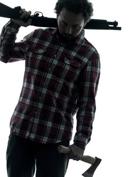 one man serial killer shotgun and axe  silhouette studio isolated on white background