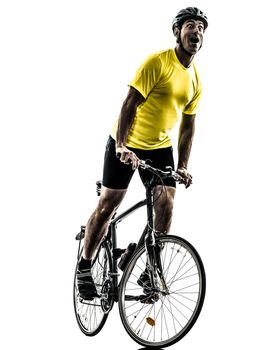 one caucasian man exercising bicycle mountain bike  happy joy on white background