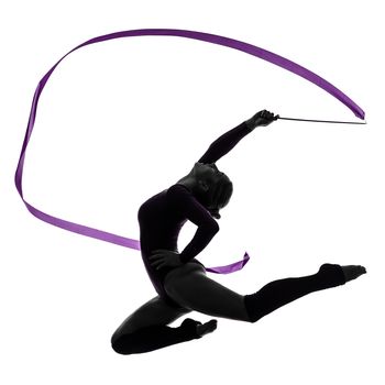one caucasian woman exercising Rhythmic Gymnastics with ribbon  in silhouette studio isolated on white background