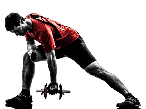 one caucasian man exercising weight training   on white background
