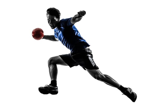 one caucasian young man exercising handball player in silhouette studio  on white background