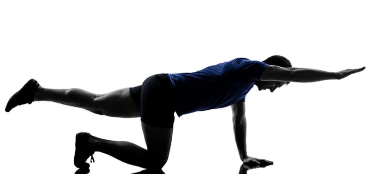 man exercising push ups workout fitness aerobics posture in silhouette studio isolated on white background