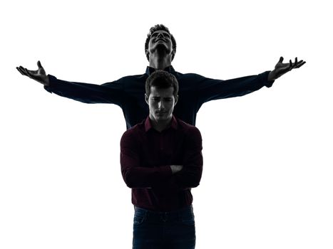 two caucasian young men domination concept shadow  white background