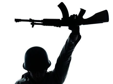 one caucasian revolutionary army soldier man holding ak47 kalachnikov on studio isolated on white background