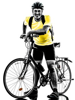 one caucasian man exercising bicycle mountain bike standing on white background
