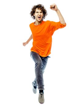 one young man caucasian running  screamming happy front view  in studio white background