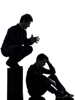 two caucasian young men domination concept shadow  white background