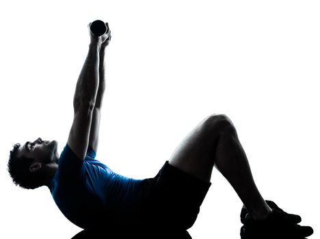one caucasian man exercising workout fitness in silhouette studio  isolated on white background