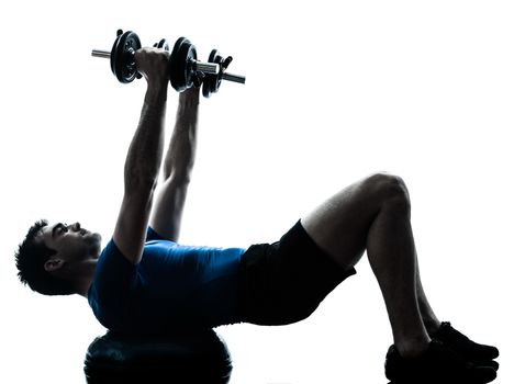 one caucasian man exercising weight training on bosu workout fitness in silhouette studio  isolated on white background
