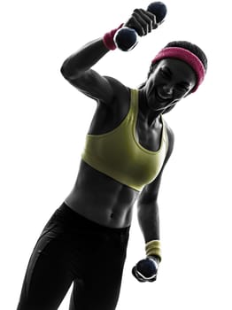 one  strong happy woman exercising fitness workout in silhouette  on white background