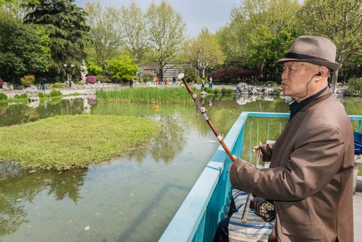 Shanghai, China - April 7, 2013: old man playing "er wu" traditional music instrument in fuxing park at the city of Shanghai in China on april 7th, 2013