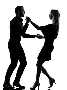 one caucasian couple woman man dancing dancers salsa rock  in silhouette studio isolated on white background