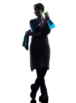 one caucasian woman maid cleaning  in silhouette studio isolated on white background