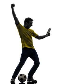one caucasian man holding digital tablet   in silhouette on white background