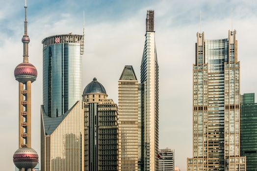 Shanghai, China - April 7, 2013: skyscrapers building towers pudong skyline at the city of Shanghai in China on april 7th, 2013