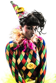 one caucasian woman harlequin circus dancer performer  in silhouette studio isolated on white background